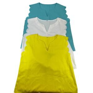 Scallop Trim Sleeveless V-Neck Blouse Top Set of 3 Blue White Yellow L